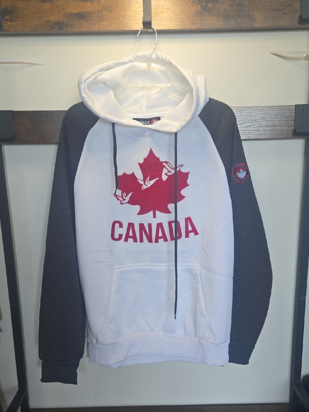 CANADA Two-Tone Hooded Sweatshirt with Red Maple Logo - White & Dark Gray